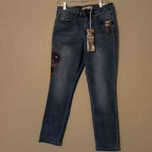 Royalty For Me Medium Blue Straight Leg Jeans with Floral Detail